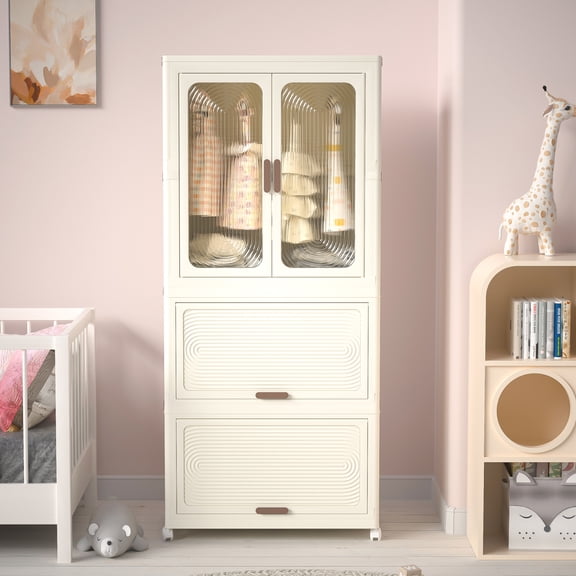Portable Wardrobe Closet Storage Organizer for Clothes,Clothes Dresser, Magnetic Doors with 4 Cubes & Hanging Rod,10 pcs hangers , boys and girls   Wardrobe Storage Cabinet,White