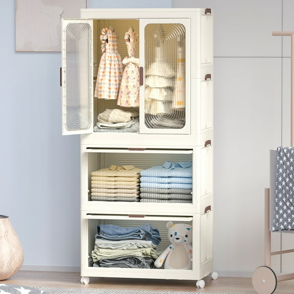 Portable Wardrobe Closet Storage Organizer For Clothes, Toddler Dresser With Magnetic Doors, 4 Cubes, Hanging Rod, 10 Hangers, Baby Wardrobe Storage Cabinet