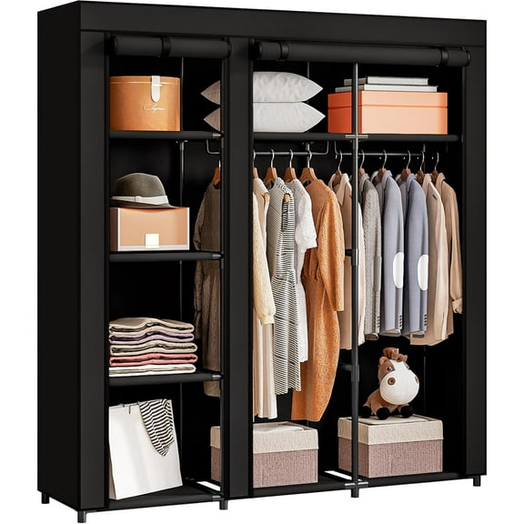 Portable Wardrobe Closet Storage Organizer Metal Hanging Rack Non-Woven Fabric 51Inch Black
