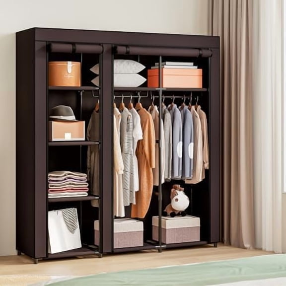 Portable Wardrobe Closet Storage Organizer Metal Hanging Rack Non-Woven Fabric (Coffee, 51 Inch)