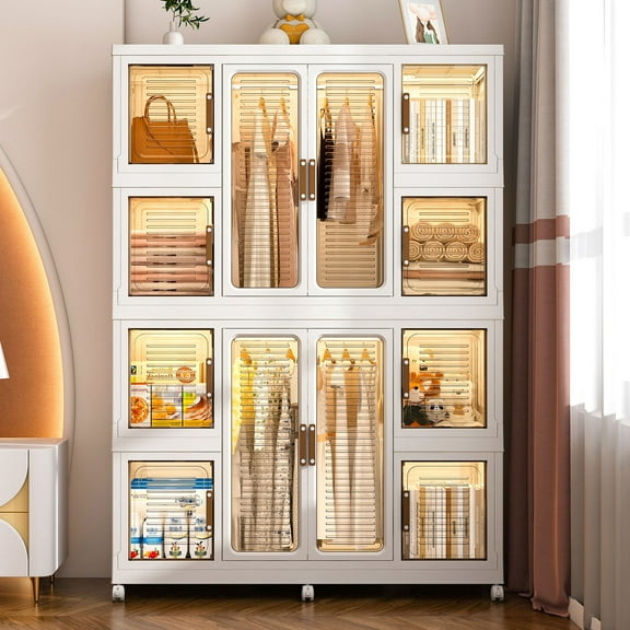 Portable Wardrobe Closet Storage Organizer for Clothes,Clothes Dresser,12 Magnetic Doors-12 Cubes & 2 Hanging Rod,Baby Wardrobe Storage Cabinet,White