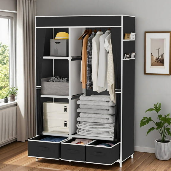 BAOKALER Portable Closet Organizers and Storage with 3 Drawers and 4 Side Pockets, 16mm Metal Tube Frame Clothes Rack Shelves for Bedroom, Living Room, Closet, Garage, Dorm, Black