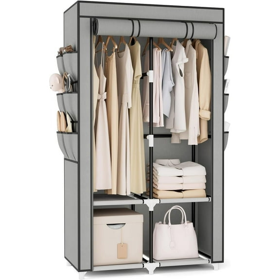 Portable Wardrobe Closet with 4 Shelves, 2 Hanging Rods, 6 Pockets, and Dust Cover Freestanding Clothes Rack, Grey, Modern Style, 34.5" Wide