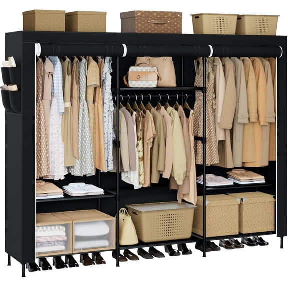 Portable Wardrobe Closet with Cover, 81.1 Inch Extra Large Capacity, 3 Hanging Rods and Shelves, Black