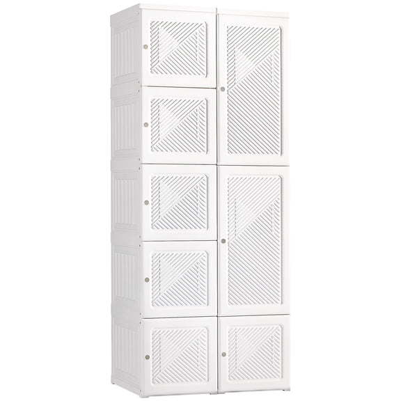 Portable Wardrobe Closet with Cube Compartments and Hanging Rod, Folding Bedroom Armoire with Magnetic Doors, Easy Assembly, White