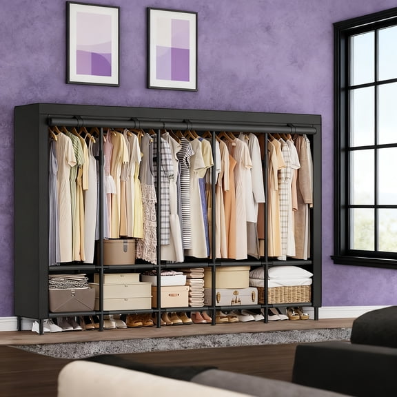 Portable Wardrobe Closet with Fabric Cover, 83.5 Inch Large Capacity Clothing Rack, 5 Hanging Rails & 10 Shelves, Sturdy 25mm Steel Tubes Storage