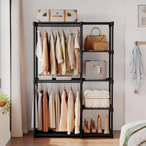 Portable Wardrobe Closet with Hanging Rods, 44 Inch Heavy Duty Freestanding Clothes Rack Organizer for Bedroom
