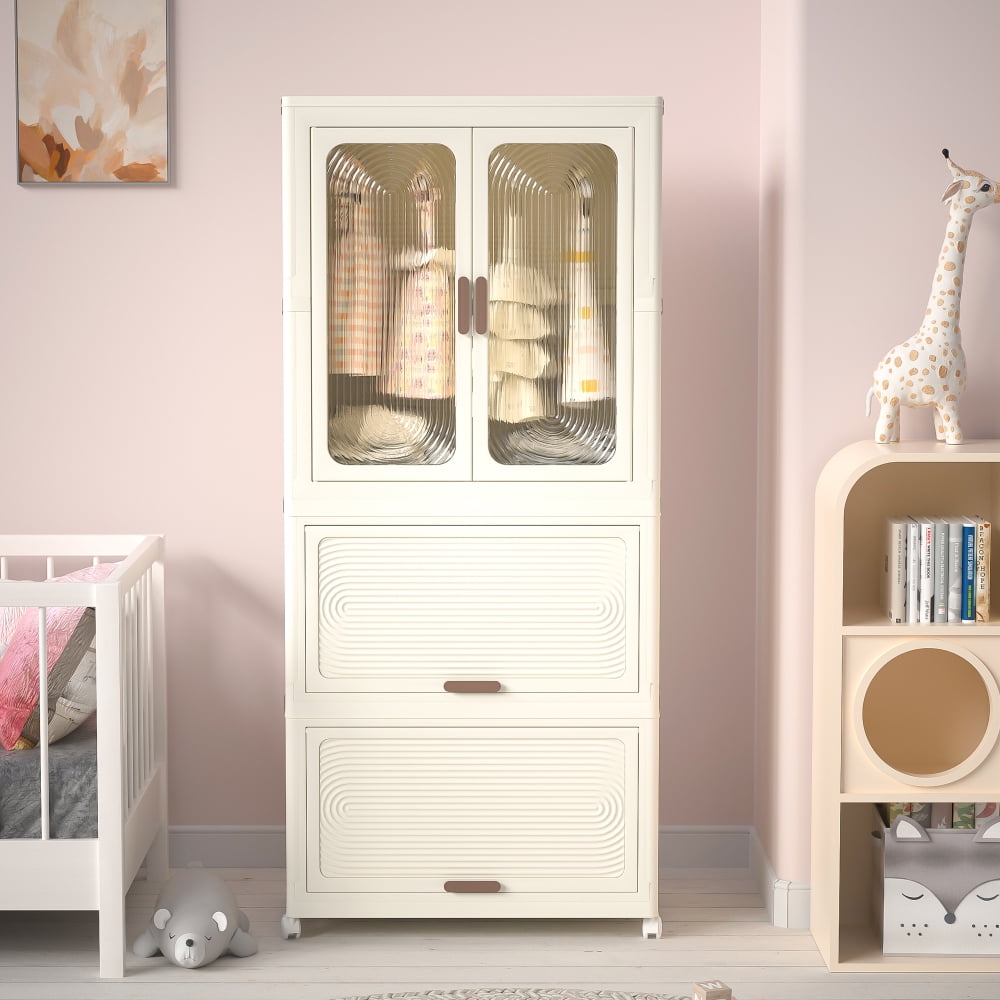 Portable Wardrobe Closet with Magnetic Doors, 4 Cubes & Hanging Rod, Storage Organizer for Clothes, 10 Hangers Included, White