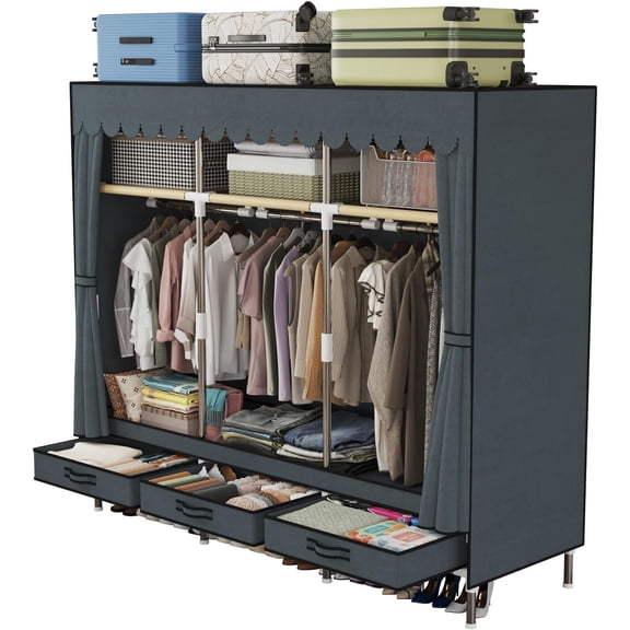 Portable Wardrobe, Freestanding Closet Hanging Organization, Metal Frame with Grey Fabric Cover, 3 Storage Compartments, 3 Hanging Rods, 3 Drawers.