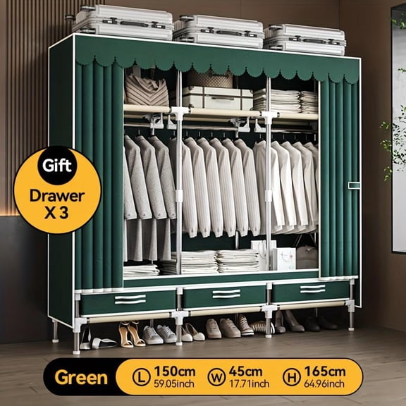 Portable Wardrobe, Freestanding Closet Hanging Organization, Metal Frame with Grey Fabric Cover, 3 Storage Compartments, 3 Hanging Rods, 3 Drawers.