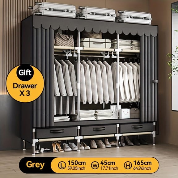 Portable Wardrobe, Freestanding Closet Hanging Organization, Metal Frame with Grey Fabric Cover, 3 Storage Compartments, 3 Hanging Rods, 3 Drawers.