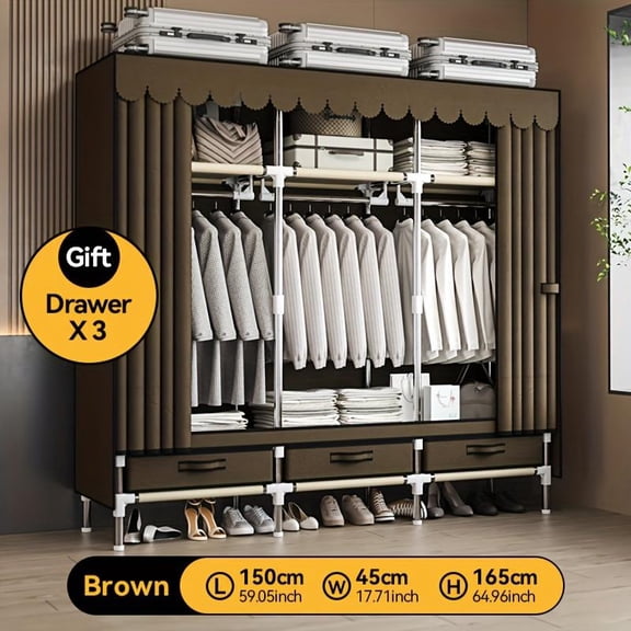 Portable Wardrobe, Freestanding Closet Hanging Organization, Metal Frame with Grey Fabric Cover, 3 Storage Compartments, 3 Hanging Rods, 3 Drawers.