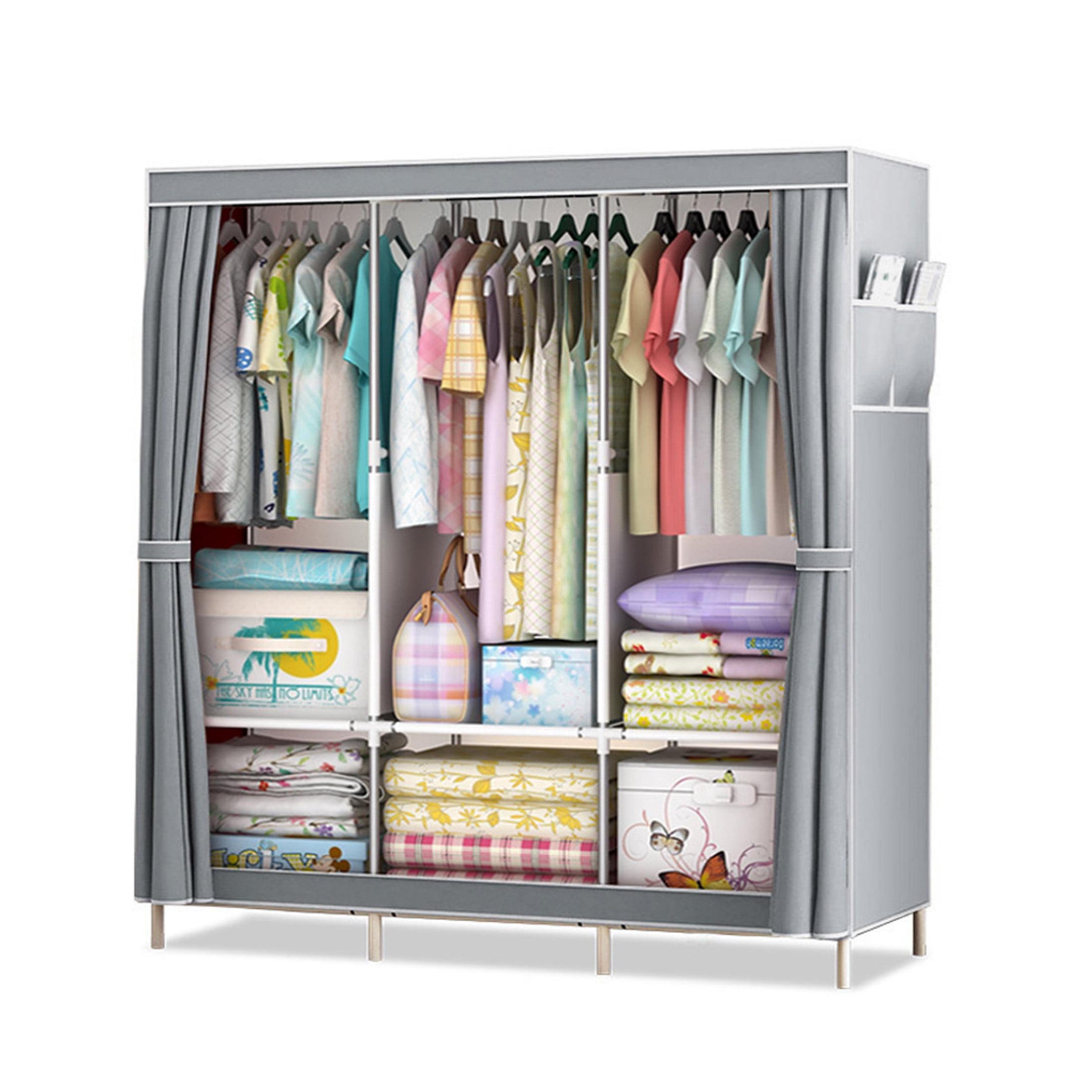 Portable Wardrobe, 50 Inch Freestanding Clothes Closet Organizer with 3 Hanging rods, 6 Storage Shelves and Side Pockets, Large Capacity Fabric Wardrobe for Bedroom