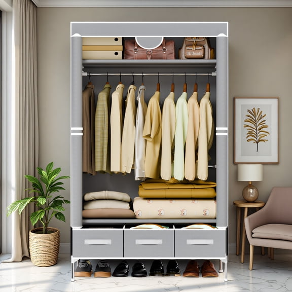 Portable Wardrobe with Hanging Rack, 3-Drawer Non-Woven Fabric Closet Organizer, 19mm Steel Tube Heavy Duty Frame, Moisture-Proof Elevated Base, 35.43×17.72×66.93 Inches, Light Gray