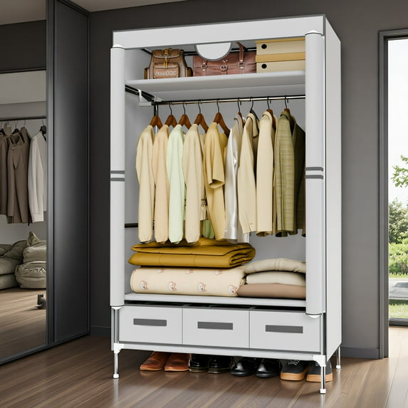 Portable Wardrobe with Hanging Rack, 3-Drawer Non-Woven Fabric Closet Organizer, 19mm Steel Tube Heavy Duty Frame, Moisture-Proof Elevated Base, 35.43×17.72×66.93 Inches, White Gray
