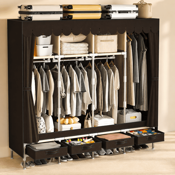 Portable Wardrobe with 4 Drawers, 4 Hanging Rods - 67" Tall Sweater Organizer, Sturdy Easy Temporary Bedroom Wardrobe Organizer, Brown