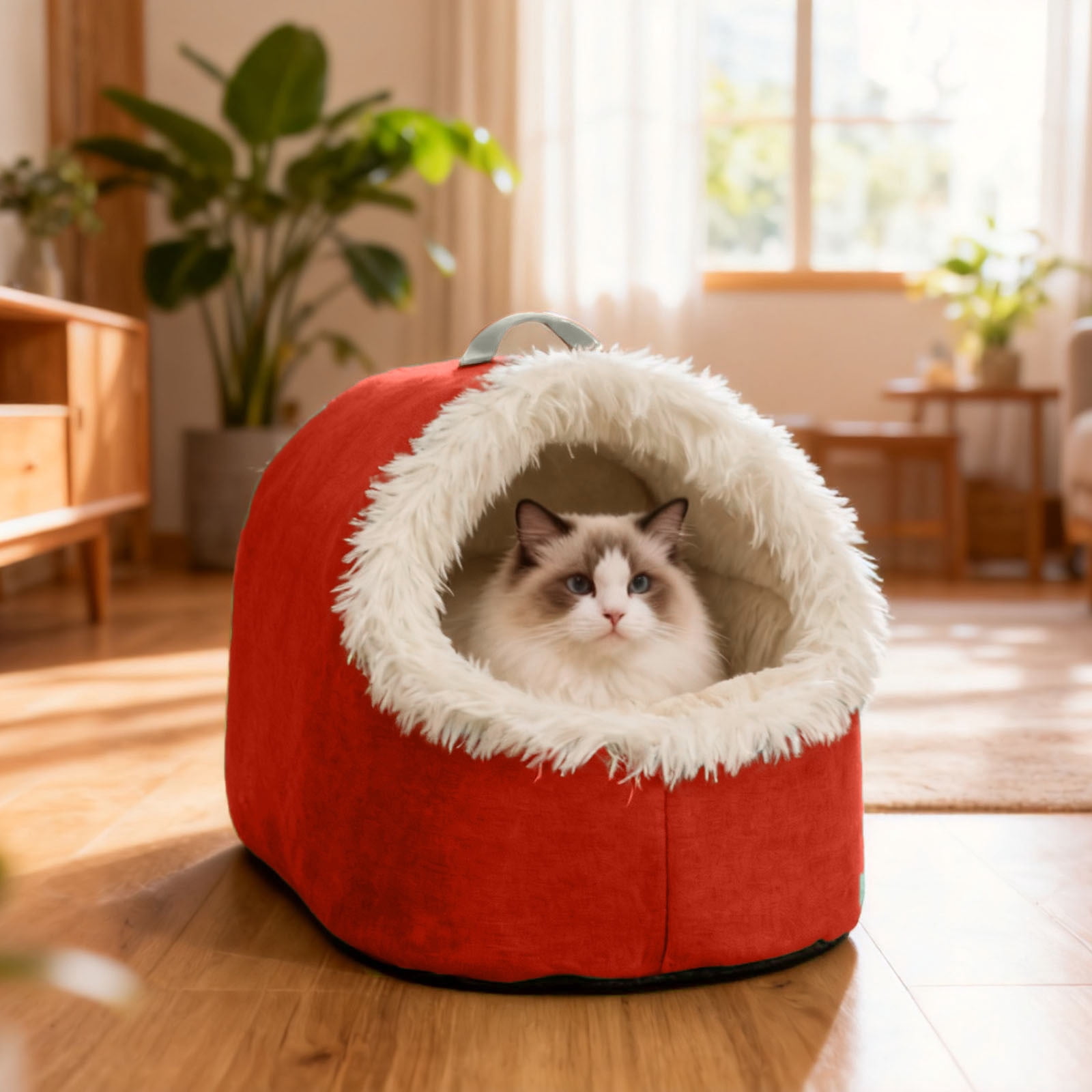 Portable Warm Cat Cave Bed, Soft Plush Hooded Pet Calming Nest - Washable Removable Cushion for Indoor Cats, Small Dogs, Winter Sleeping (13x15.7 Inches)