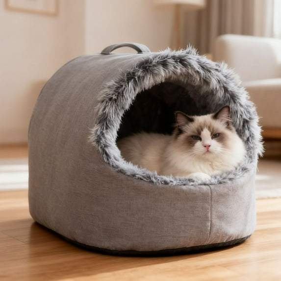 Portable Warm Cat Cave Bed, Soft Plush Hooded Pet Calming Nest - Washable Removable Cushion for Indoor Cats, Small Dogs, Winter Sleeping (9.84x11.81 Inches)