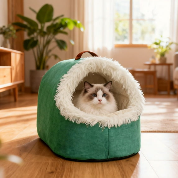 Portable Warm Cat Cave Bed, Soft Plush Hooded Pet Calming Nest - Washable Removable Cushion for Indoor Cats, Small Dogs, Winter Sleeping (9.84x11.81 Inches)