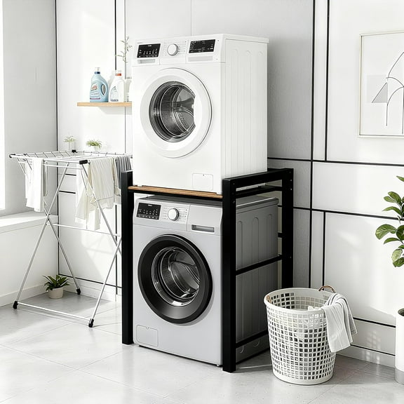 Portable Washer and Dryer Stand, Heavy Duty Steel Shelf Over Washer and Dryer, Laundry Room Organizer with Adjustable Laminate, Washing Machine Shelf for Bathroom and Laundry Room (Black)