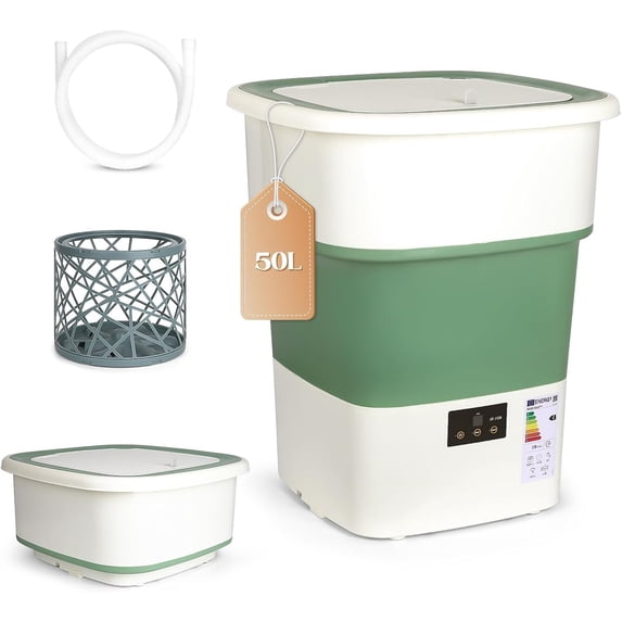 Portable Washing Machine, 1.8 Cu.Ft Large Capacity Foldable Washer with Spin Basket & 150W Motor, Timer Control for Apartment, RV, Camping & Travel – No Laundry Room Needed (White Green)