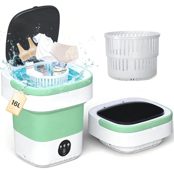 Portable Washing Machine - 16L Mini Foldable Washer with Spin Basket, 3 Cleaning Modes & Deep Cleaning for Small Clothes, Collapsible Laundry for Apartment, , Hotel and Travel (Green)