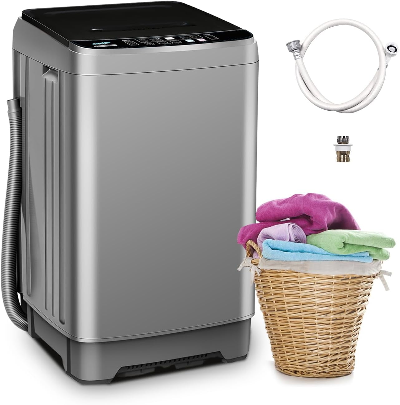 Portable Washing Machine 17.7 lbs Capacity, Fully Automatic Small Apartment Washer, 10 Wash Programs, with Drain Hose Dorm Size, Gray Portable Laundry for RV Home College
