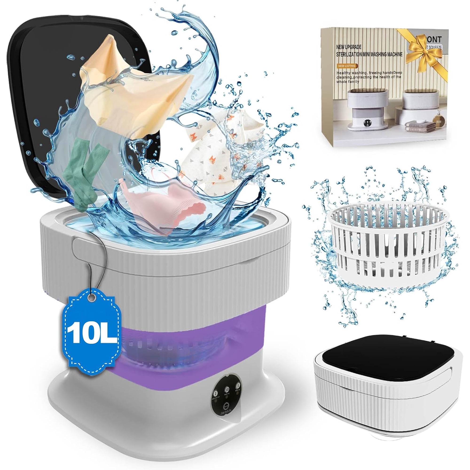 Portable Washing Machine, Foldable Mini Washing Machine,10L Mini Washer with Spin Dryer, Collapible Compact Small Folding Laundry Washer for Socks,Baby Clothes,Underwear,Dorm,Camping,Apartment,RV