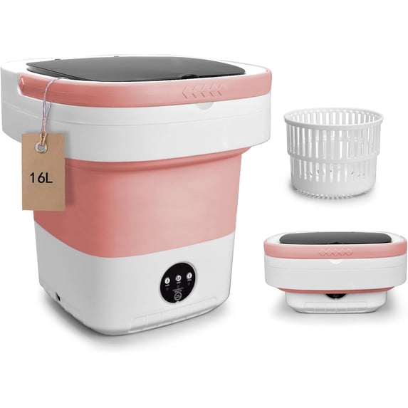 Portable Washing Machine, Mini 16L Foldable Washer and Dryer with 3 Modes Deep Cleaning, Upgraded Small Collapsible Laundry for Hotel, Apartment, Home and Travel - Pink