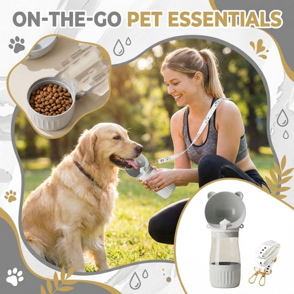 Water Bottle Pink, Dog Water Dispenser, Water Bowl for Dogs, Pet Food Dispenser, Portable Drinking Cup, Dog Food Dispenser, Travel Dog Bowl, 8Oz Water 6Oz Kibble, 1 Set Strap