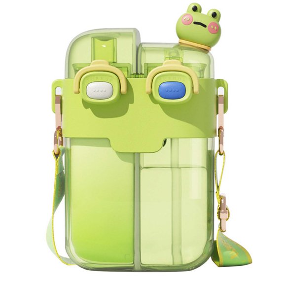 Portable Water Bottle Frog 3D Decor Square Drinking Cup With LeakProof Flip Lid Adjustable Shoulder Strap For Outdoor Sports Daily Use Green-16.5Cm