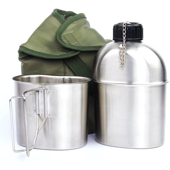 Portable Water Bottle, Stainless Steel Water Bottles - Your Essential Outdoor Companion for Camping, Hiking, and Travel,Steel Water Bottle,Includes Handy Green Carry Bag and Cup(0.8QT)