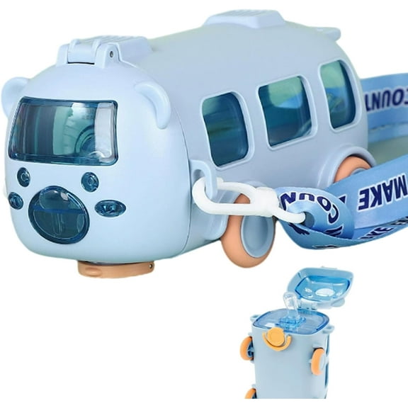 Portable Water Cup in Bus Shape with Strap,  360° Leak-Proof Bounce Flip Top Drinking Bottle, Bounce Flip Top Straw Water Bottle for Kids, 16 Oz Water Bottle Bus Water Cup Blue