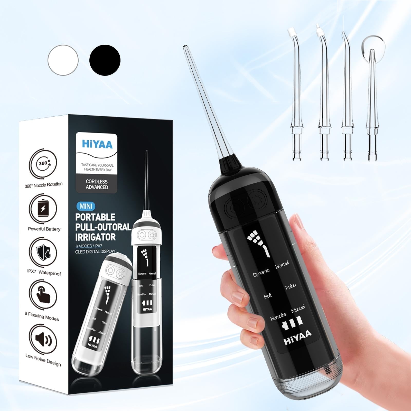 Korsmall Cordless Water Flosser with OLED Display, 6 Cleaning Modes, Rechargeable Portable Oral Irrigator, Electric Flosser for Teeth and Gums, Black – for Travel and Daily Dental Care