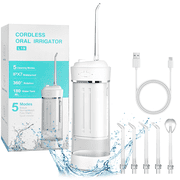 Portable Water Flosser for Teeth: Oral Irrigator Water Teeth Cleaner Pick with 5 Modes, Rechargeable 5 Jet Tips Floss Picks for Home Travel,White