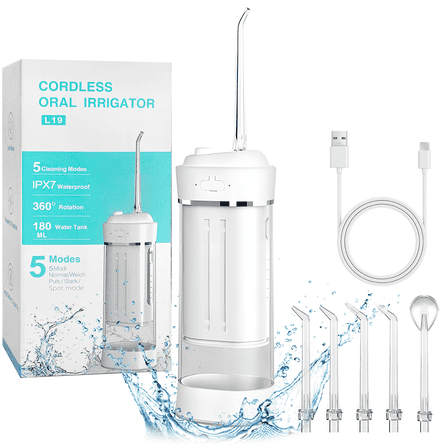 Portable Water Flosser for Teeth: Oral Irrigator Water Teeth Cleaner Pick with 5 Modes, Rechargeable 5 Jet Tips Floss Picks for Home Travel,White