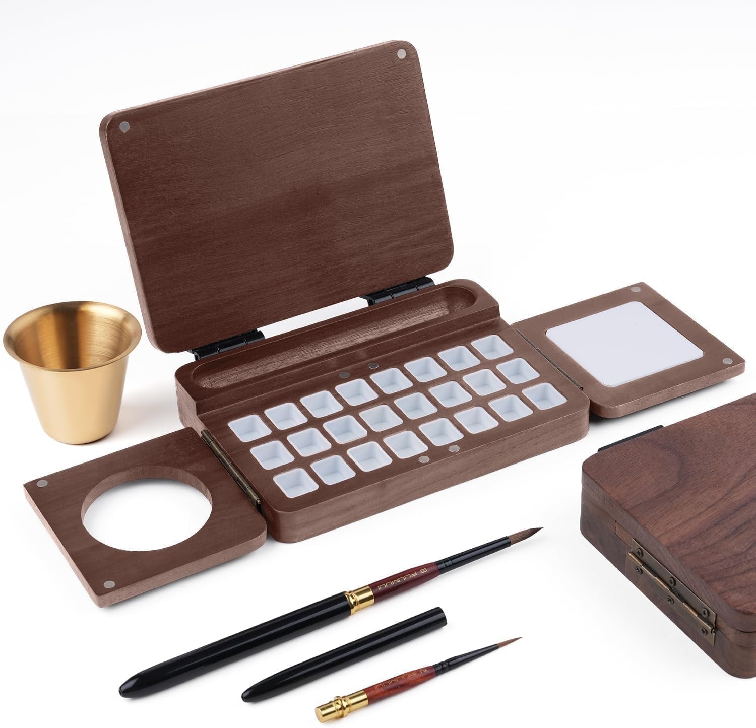 Portable Watercolor Palette, Travel Watercolor Palette 24 Grids Foldable with 2pcs Sable Travel Watercolor Brushes, Portable Walnut Wood Palette Box for Plein Air Painting