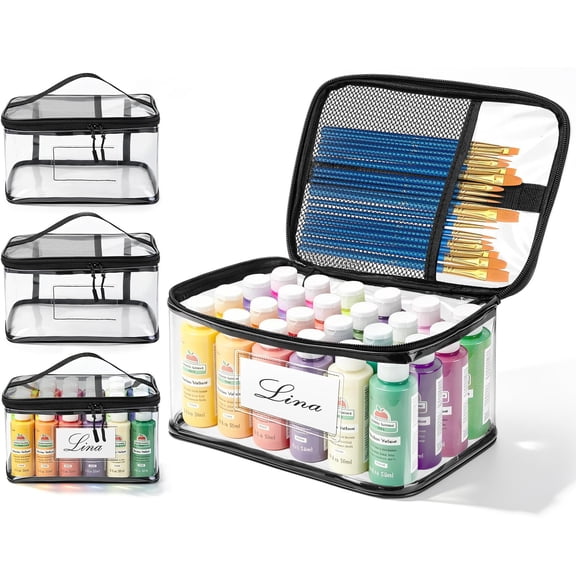 Portable Waterproof Art Paint Storage Organizer Bag, Holds 24 Paint Bottles with Brush Pocket and Name Tag Slot