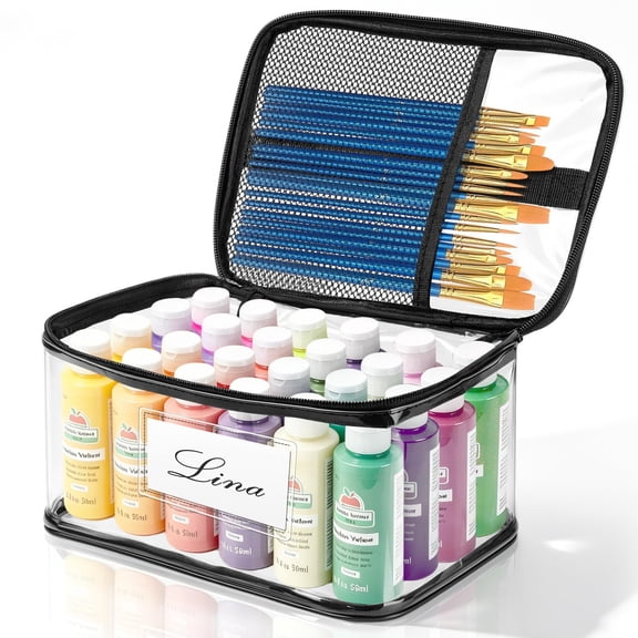 Portable Waterproof Art Paint Storage Organizer Bag, Holds 24 Paint Bottles with Brush Pocket and Name Tag Slot