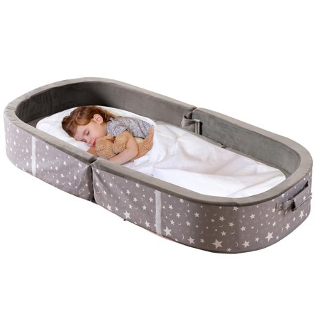 Portable Waterproof Crib Floor Bed Toddler Travel Bed with Mattress, Washable Fitted Sheet Foldable Travel Cot Grandpa Grandma, Charcoal