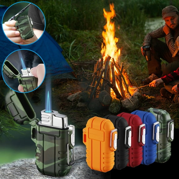 Portable Waterproof Outdoor Lighter Plasma Windproof Butane Lighter Blue Flame Windproof Lighter Flameless ABS Camping Adventure Survival Tactical Gear