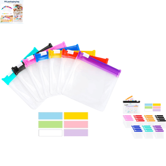 Portable Waterproof Slide Lock Pill Pouches 28 Pack Clear Reusable Travel Bags, Writable Daily Medication Storage Set with Storage Bag & 10 Stickers