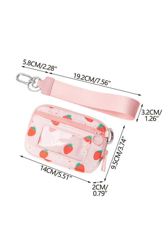 Portable Waterproof Wristlet Pouch with Clear Card Slot, Lightweight Keychain Wallet - Strawberry and Cherries Pattern Series