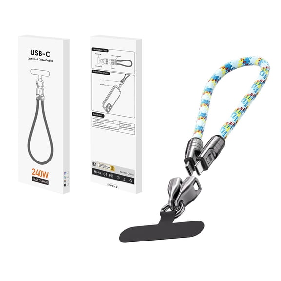 Portable Wearable Bracelet Design Type C to Type C 240W Charging with Lanyard and Crossbody Convenience for Quick USB C Power, 30 cm, Blue