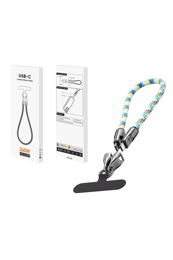 Portable Wearable Bracelet Design Type C to Type C 240W Charging with Lanyard and Crossbody Convenience for Quick USB C Power, 30 cm, Blue