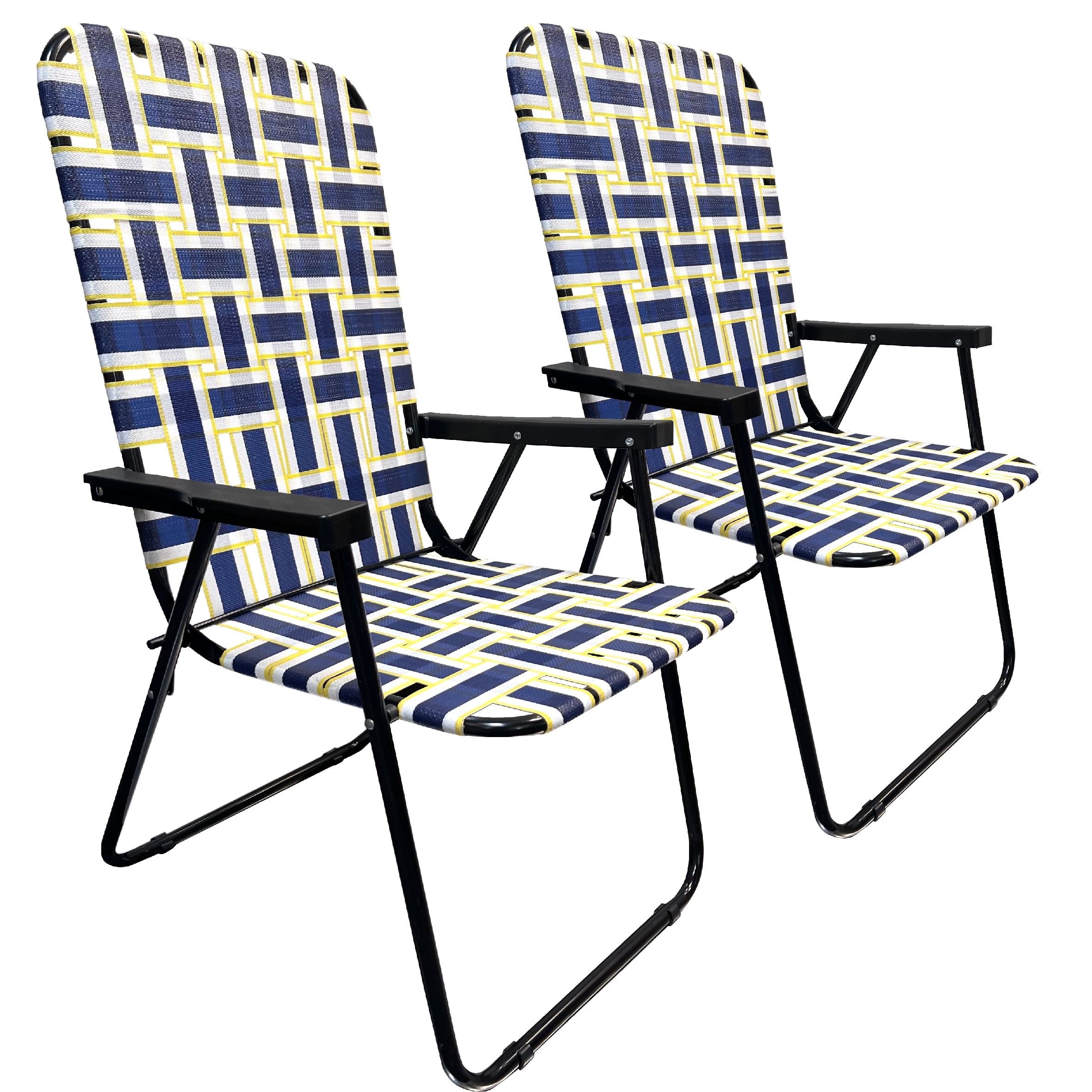 Retro Blue and Yellow Webbed Folding Patio Chairs, Set of 2