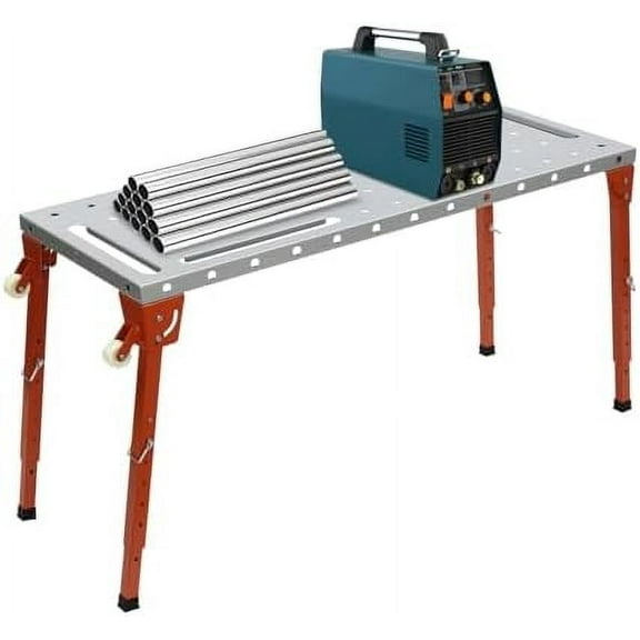 Portable Welding Table,1000lbs Capacity Folding Height Adjustable Weld Workbench with 4 Foldable Feet and 2 Nylon Casters,Heavy Duty Steel Construction Workbench for Welding, Sawing, Drilling