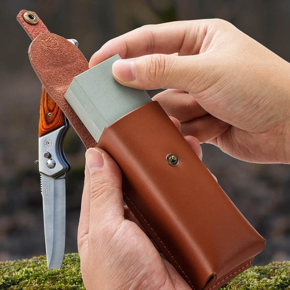 Portable Whetstone Knife Sharpening Stone - Dual Grit 400/1000 Sharpener Kit with Cowhide Pouch for Outdoor Hunting and Camping