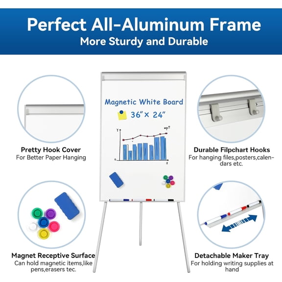 Portable White Board Dry Erase with Stands,Foldable Magnetic Standing Whiteboard Flip Chart Easel for School Office and Home(36x24 White)