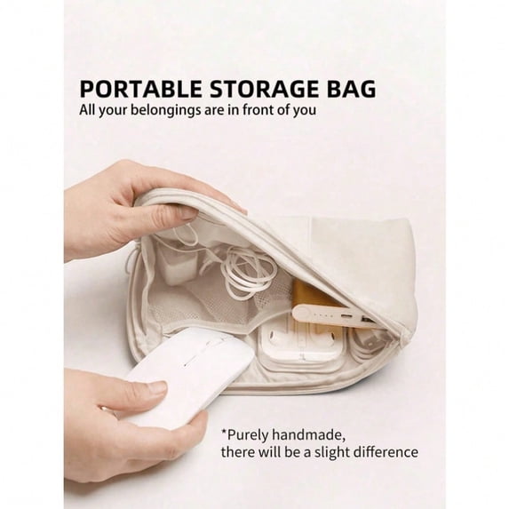 Portable White Electronic Organizer Bag, Travel Data Cable Headphone Power Bank Digital Accessories Storage Pouch